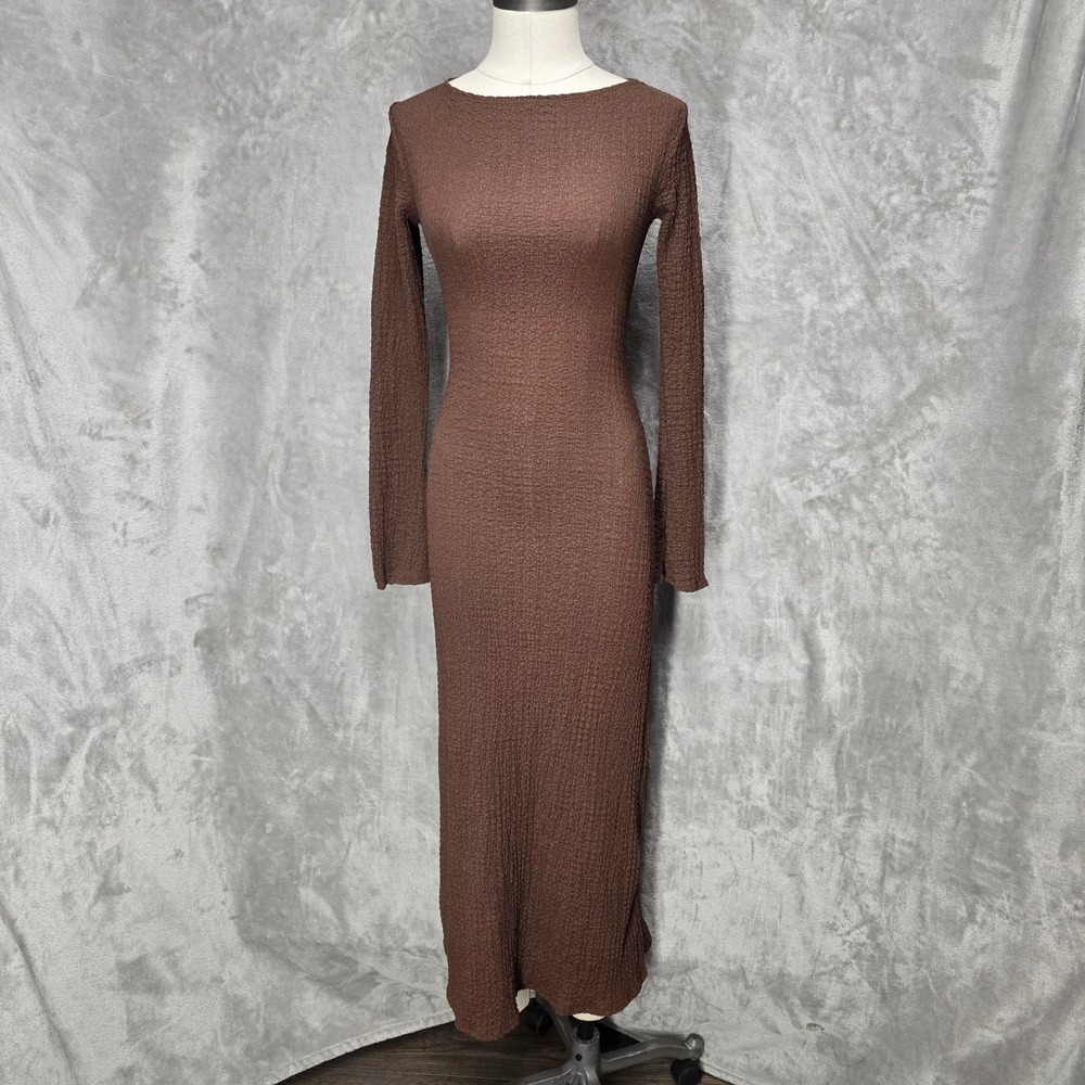 See You Monday Maxi Dress Women XS Brown Textured Long Sleeve Bodycon Layer Y2K